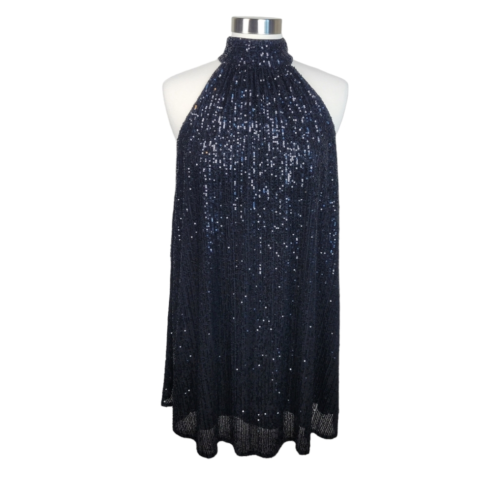 Belle Badgley Mischka Tara Halter Neck Black Sequin Mini Shift Dress Size 2 - Picture 3 of 9